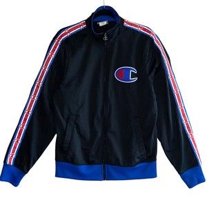 Champion Track Jacket Mens Size M Embroidered Logo Athletic Stripes Black Zip Up
